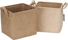 Sea Team 2 Pack Jute Cotton Linen Storage Basket Foldable Storage Basket with H