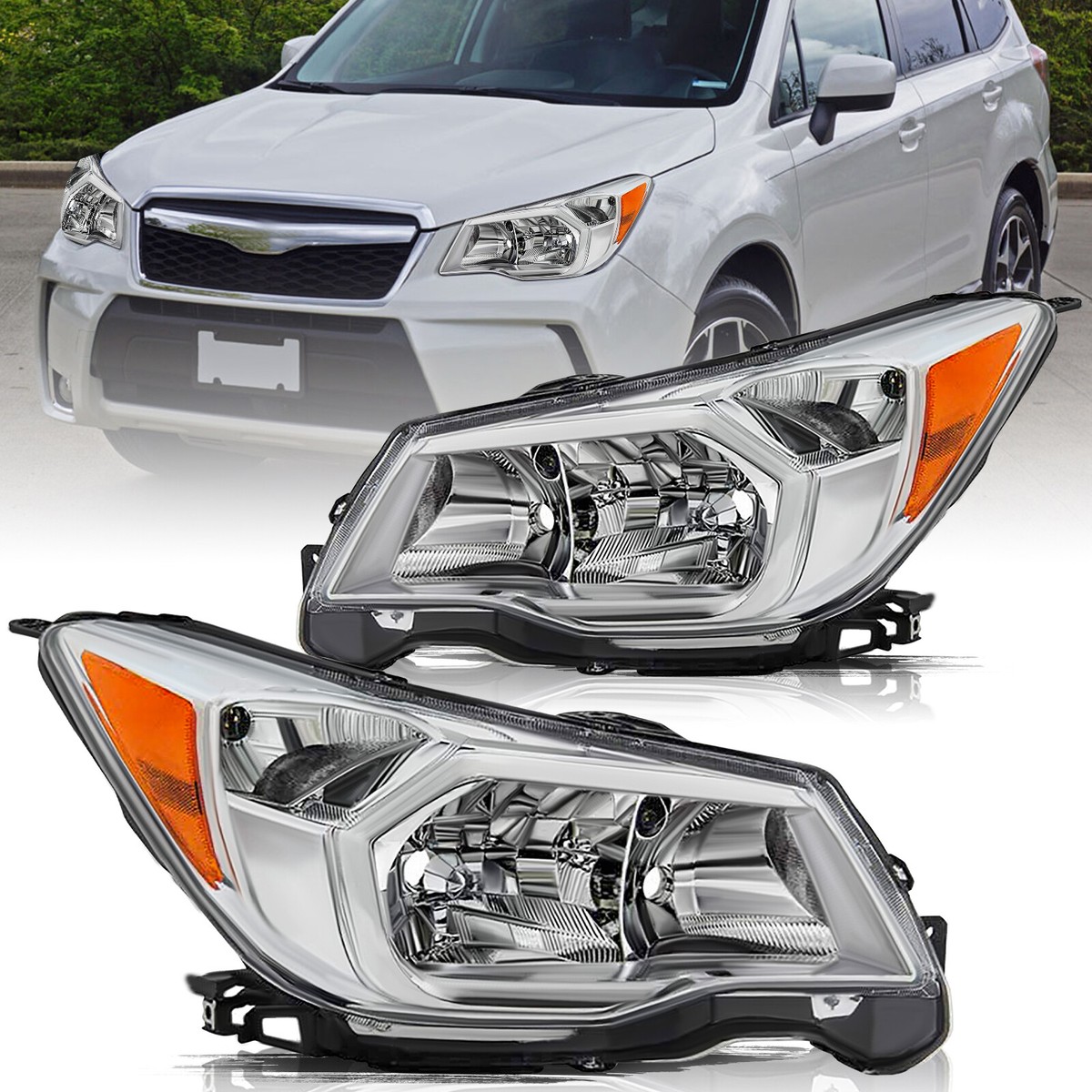 2014-2016 Subaru Forester Halogen Chrome Headlights Headlamps L+R