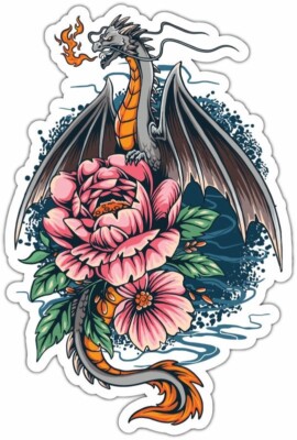 The Fire Dragon Reptile Lizard Flowers Car Bumper Window Sticker Decal 3.5''X5''