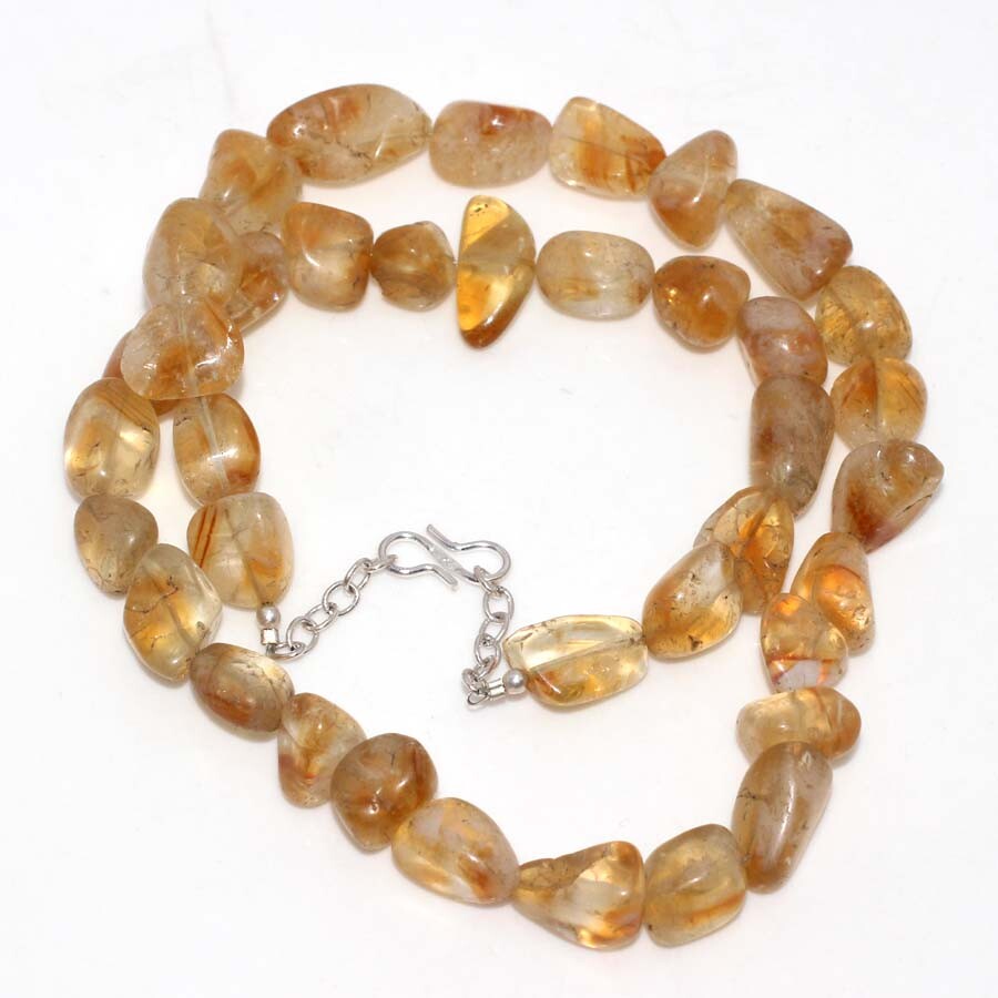 Natural Citrine Crystal 925 Silver Plated Beaded Necklace 18 Inch New Jewelry