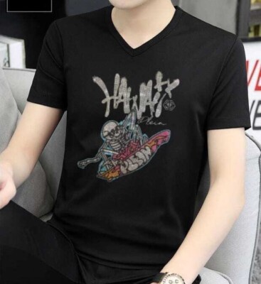 New Men Luxury V-Neck Rhinestones Skull Diamond Black T-Shirt High Quality