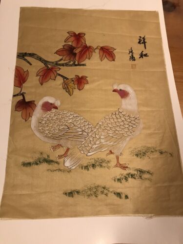 Original Japanese Silk Painting of white doves signed