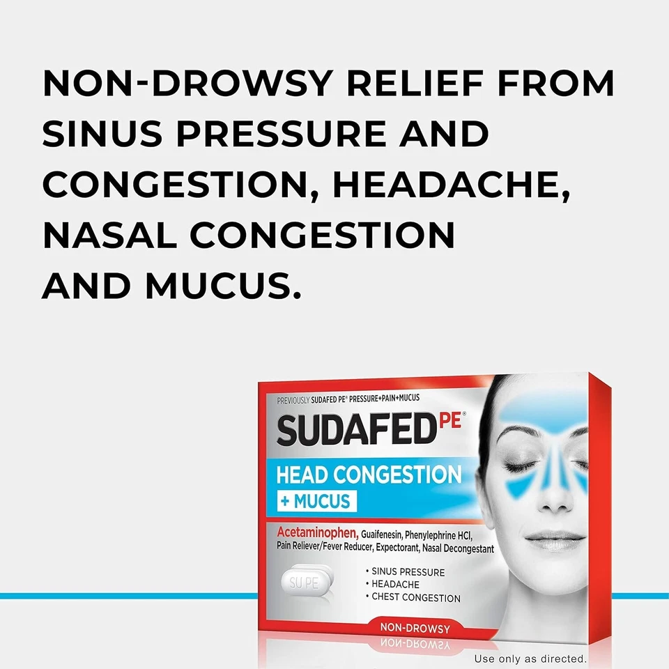 Sudafed PE cabeza congestión + tabletas de moco para presión sinusal, dolor y congestión Foto 3 de 4