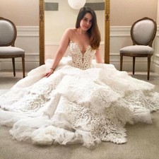 Luxury Ball Gown Illusion Neck Lace Wedding Dresses Beaded Ruffles Bridal Gowns