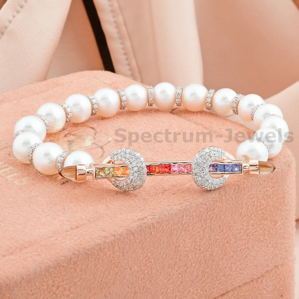 Multi Saphir Verraucht Perle Pflastern Diamant Bettelarmband 18k Rose Gold 3.87 - Bild 4 von 4