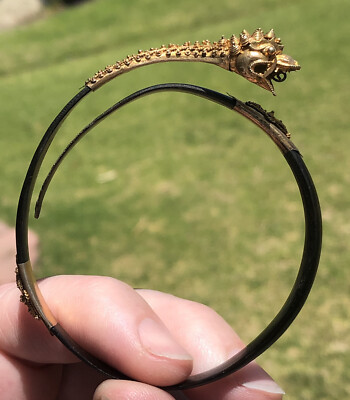 Antique Chinese Export Turtle Dragon Bracelet Gold Over Silver Shell