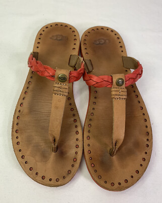 UGG Tan Red Leather Braided Boho Thong Flip Flop Sandals Women's Size 5