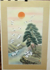 HUGE CHINESE ORIGINAL WATERCOLOR CRANE BIRDS ON THE MOVE SUNSET PAINTING SIGNED