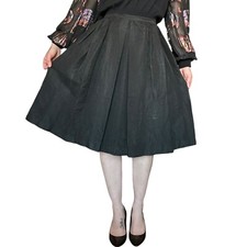 Vintage 1950s Black Pleated Circle Skirt Knee Length Ribbed Taffeta 28" Waist