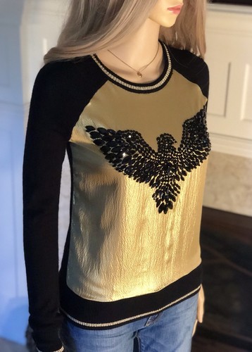 JUICY COUTURE XS 0 2 Gold Black Beaded Eagle Silk Front Wool Sweater Top Bird - Picture 2 of 11