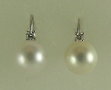 Akoya White 9.5 mm  9.6 mm Pearl Earrings 14k White Gold with Diamonds 0.18ct
