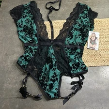Seven Til Midnight Flocked Mesh Green Lace Teddy W/Harness 3X 4X New