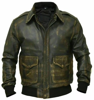 Men s A2 Aviator Bomber Jacket Distressed Brown Real Leather Air Force Pilot