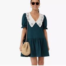Pomander Place Tuckernuck Dress Womens Large Peacock Green Lace Collar Kit
