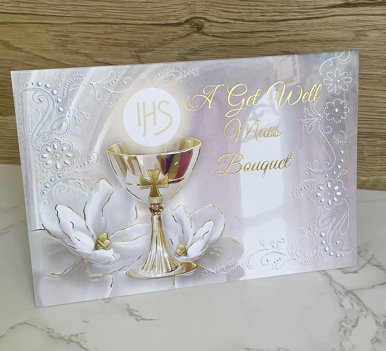 A Get Well Mass Bouquet Card Gold Foil Stamped & Embossed Catholic 22359