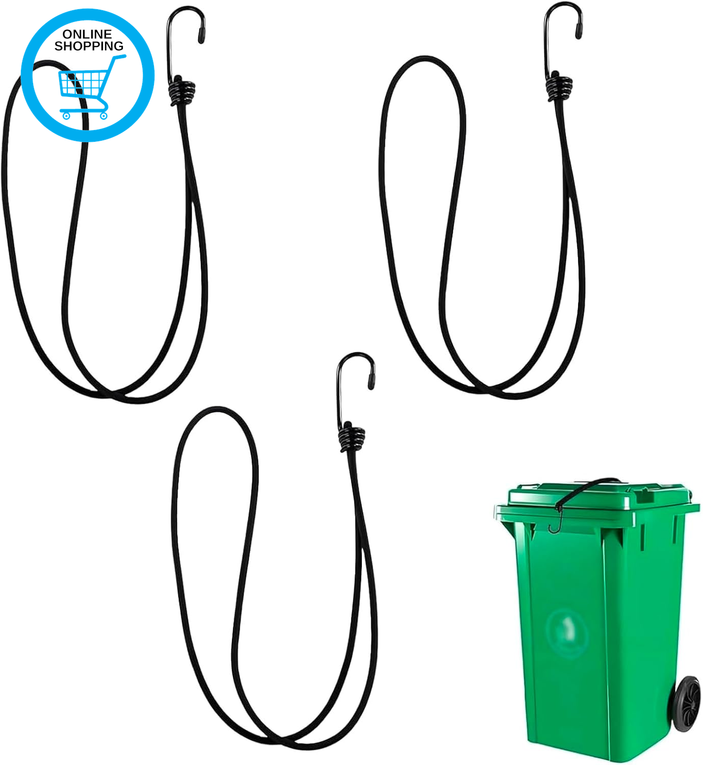 3 Pcs Wheelie Bin Lock UK, Bin Straps Wheelie Bin Black Bungee Cords with Hooks