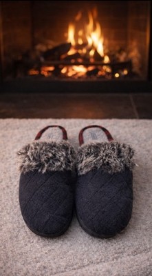 B.O.C. Slippers XL (10-11) Brn Faux Fur Quilted Mouse Check Trim Sherpa Sole