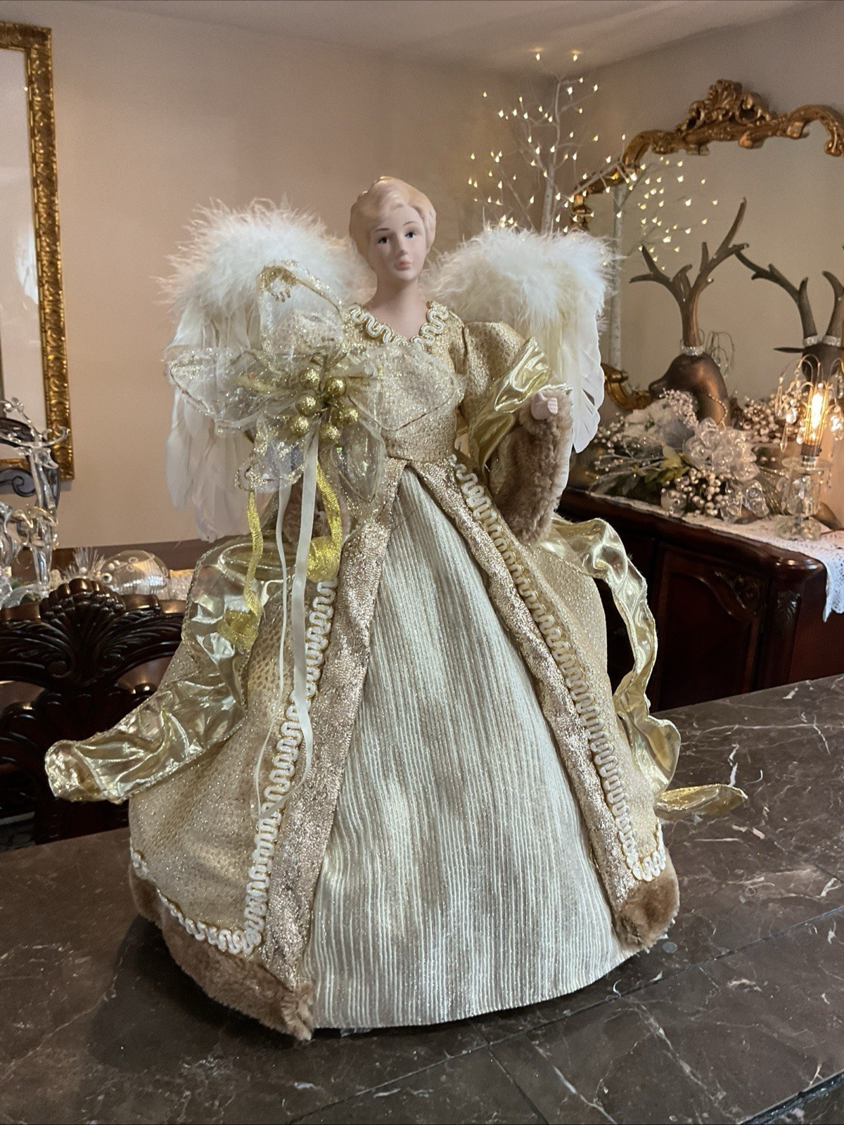 Christmas Angel Tree Topper Ivory Gold And Brown Elegant Gown 17” Stunning