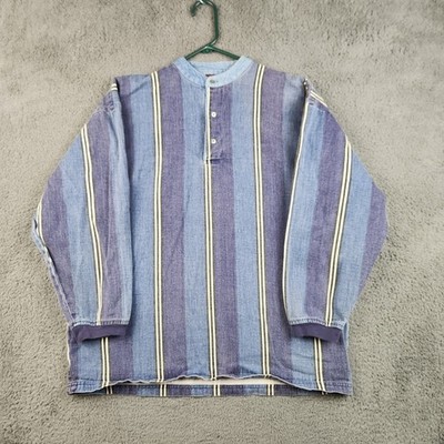 Vintage 90's Faded Glory Denim Henley Shirt Mens Medium Striped Cotton Grunge