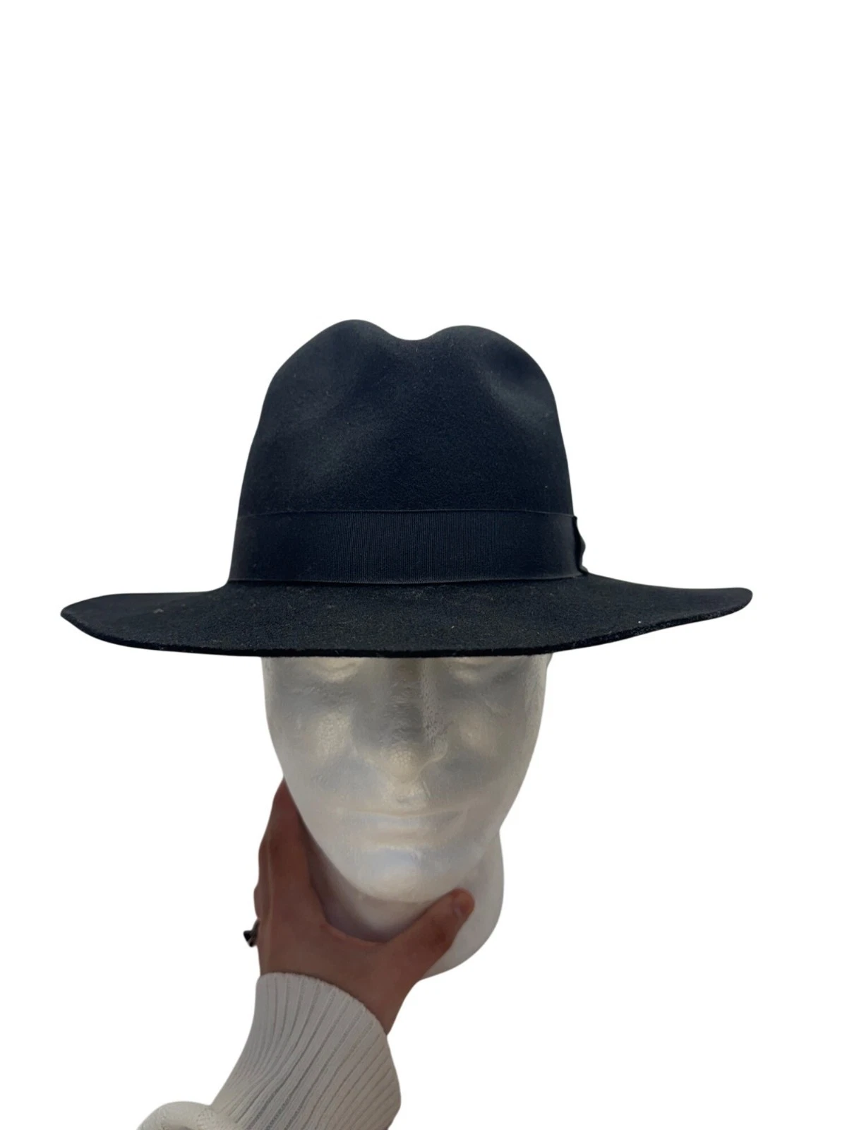 Black Wide Brim Felt Fedora Hat With Ribbon Band #9850