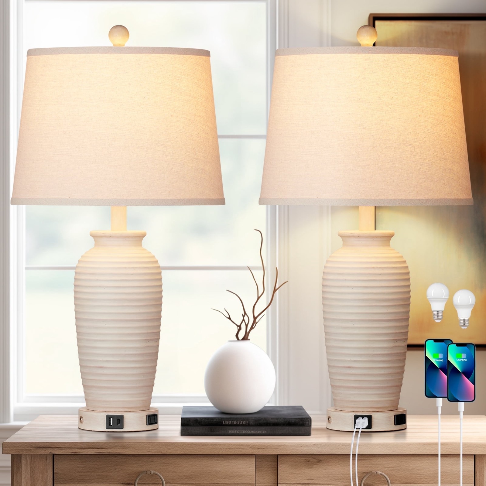 Cinkeda Farmhouse Jar Table Lamp Set of 2 with 3-Way Dimmable Touch Control USB 12090₽