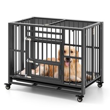 3-Door Foldable Heavy Duty Dog Kennel w/Removable Crate Tray, 4 Smooth Wheels
