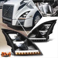 For 18-24 Volvo VNL VNR LED DRL Sequential Amber Turn Signal Headlights Black