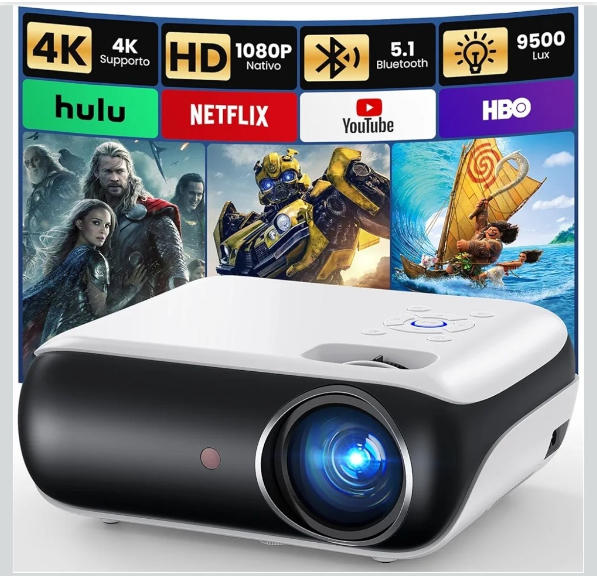 Vidéoprojecteur 4K Wi-Fi 5G Home Cinéma Full HD 1080p Bluetooth blanc