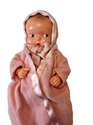 Vintage 5'' Irwin Celluloid  Baby Doll Strung Side Eyes Pink Hooded Sleeper USA