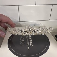 vtg DAVID  S DAVIDS BRIDAL TIARA SILVER tone metal WHITE PEARL RHINESTONE FLORAL