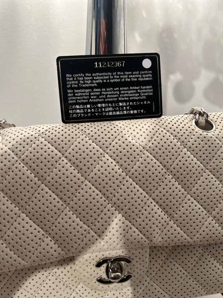 Authentic Chanel Perforated Quilted Flap Bag White Caviar Leather Silver Chain - Image 2 of 4