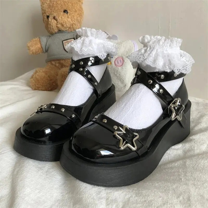 Lolita shoes heels platform Star Buckle Strap Mary Janes Cross-tied Girls Rivet
