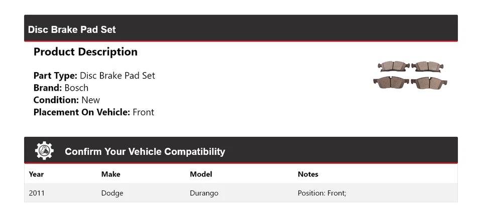 For 2011 Dodge Durango Bosch QuietCast Ceramic Brake Pads Front — 第 2/4 张图片