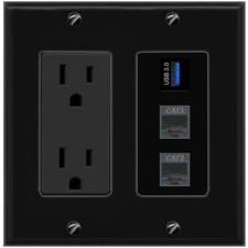3 Ports 2 PHONE USB-3 Black Wall Plate with 15A Power Outlet