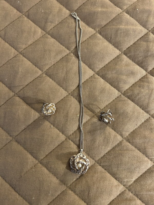 Vintage Silver Filigree Rose/Pearl Necklace And Earrings 
