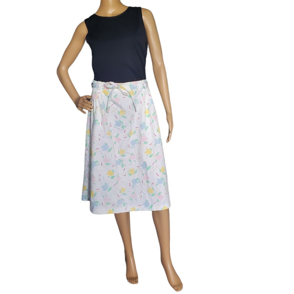 Vintage Denim Wrap Skirt Midi White Pastel Flowers 80s Preppy Size Small