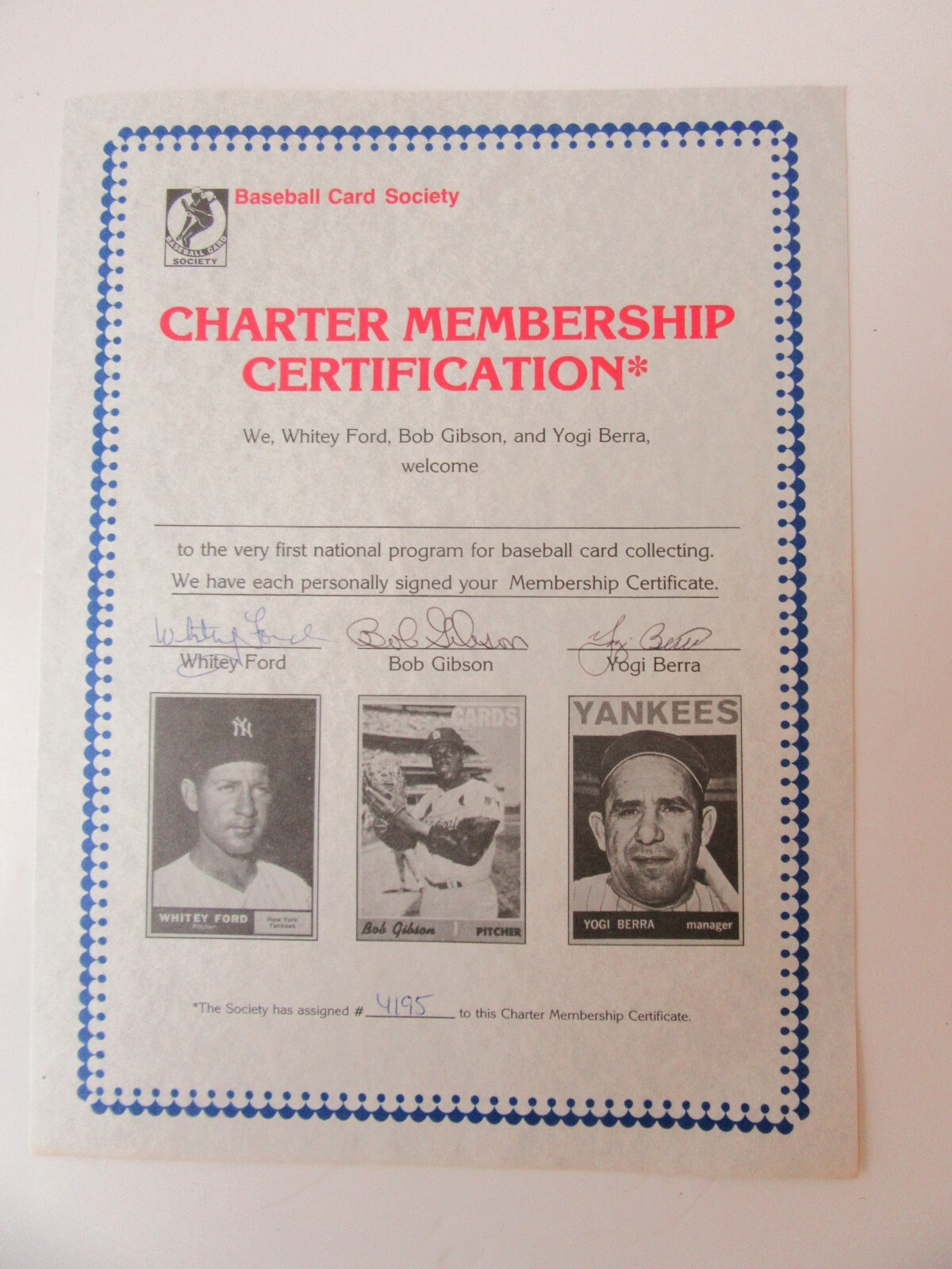 Baseball Card Society Charter Membership Certificate Signed Ford, Gibson &  Berra | eBay