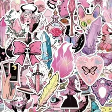 50 Pack of Cute Pink Gothic Witch Stickers for Laptop/Water Bottle/Phone Case