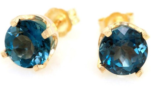 Natural London Blue Topaz 14K Solid Gold Stud Earrings. Blue Diamond Alternative - Picture 3 of 5