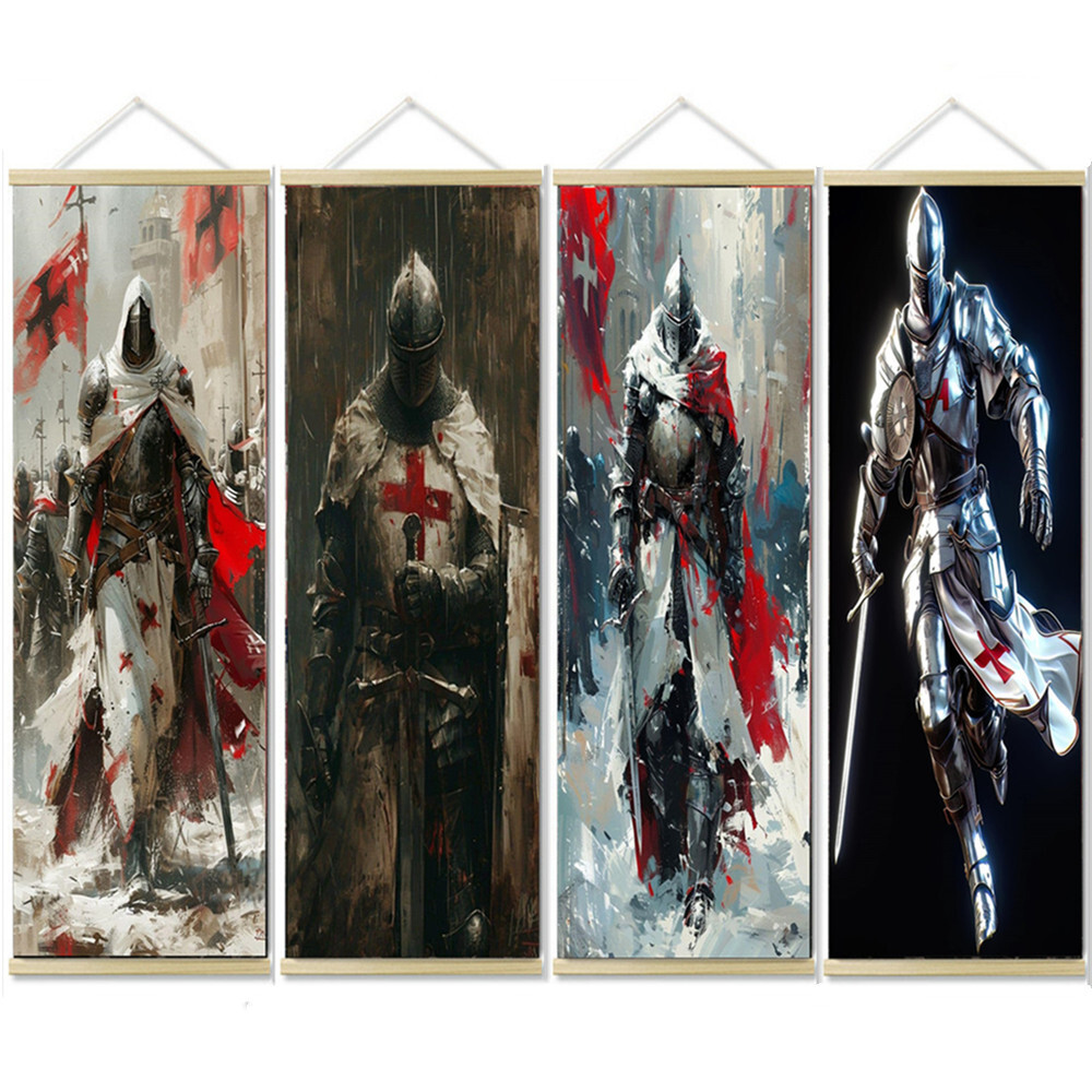 4 PCS Crusades Armor Warrior Wall Art Posters Knights Templar Scroll Painting