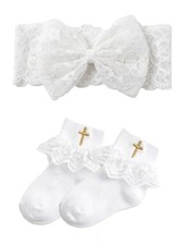 Baby Girls Christening Baptism Dress White Lace Gown One Size Headband Socks