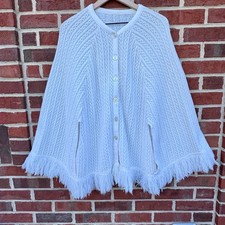 VTG Crochet Poncho Cape Cardigan Sweater OSFM White Fringe 70s Boho Grandma