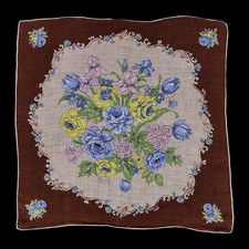 Vintage Cotton Handkerchief with a Purple, Yellow, and Blue Floral Pattern