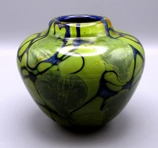 J. Byron Hand-Blown Studio Art Glass Vase Signed & Dated 1977 Green & Blue Swirl