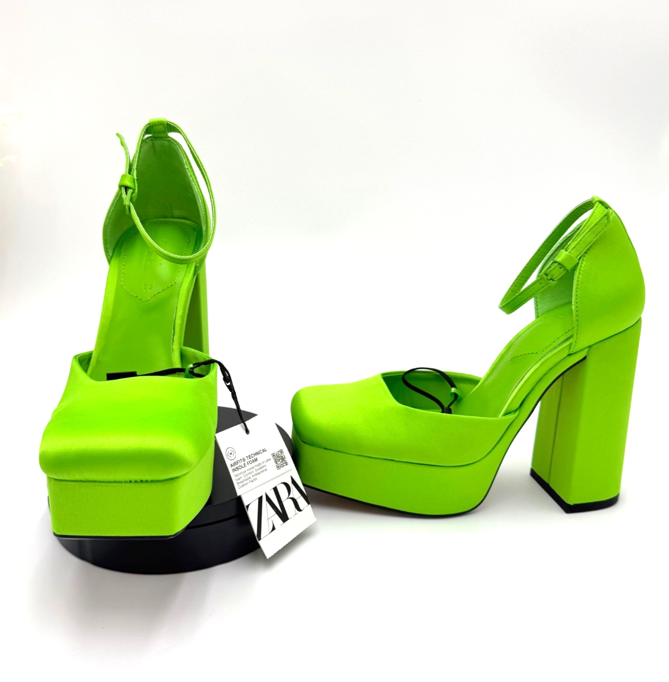 ZARA Women's Neon Green Platform Heels Size 36/6 US Ankle Strap Chunky Block NWT