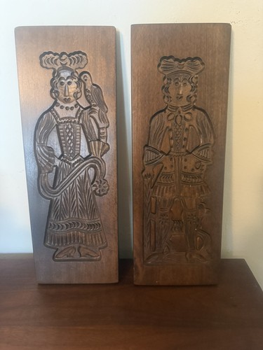 Antique Pair Large Wood Dutch Springerle Molds Man Woman Board 18”
