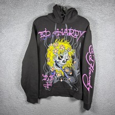 Y2K Ed Hardy Mens Charcoal Skull Graphic Hoodie Pink Logo New Medium