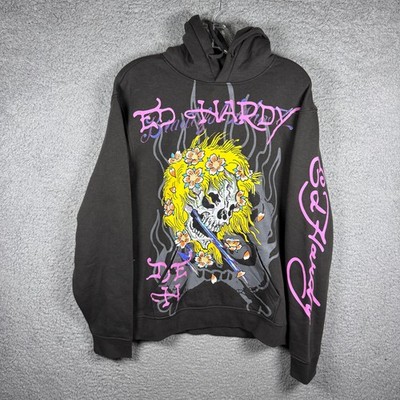 Y2K Ed Hardy Mens Charcoal Skull Graphic Hoodie Pink Logo New