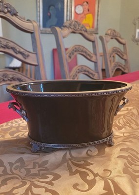 BLACK EBONY PORCELAIN FOOTED  CACHEPOT NAPOLEAN CUP PLANTER BRONZE ORMULU