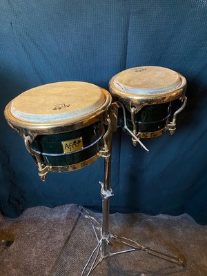 Sehr hochwertige Profibongos Afro Percussion dunkelgrün mit Ständer und Tasche